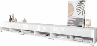 Mirjan24 Mueble Tv Sarasota 144, Blanco + Blanco Brillante, N&uacute;mero De Puertas: 3, N&uacute;mero De Cajones: 0, 300x30x33cm, Led