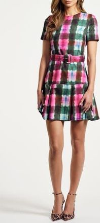 Isaac Mizrahi New York Tie Dye Pleated Belted Drop Waist Stretch Cotton Minidress in Watercolor Tartan at Nordstrom Rack, Size 10