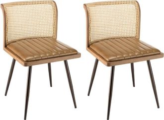 Macabane Lote de 2 sillas de madera de mango y cuero y respaldo de rat&aacute;n