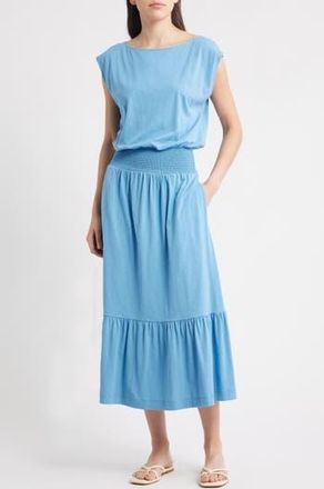 Nation Ltd Evonne Smock Waist Pima Cotton Knit Dress in Seascape at Nordstrom Rack, Size Xx-Large