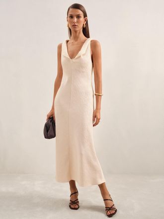 Reiss Womens Cream Textured Drape-Neck Midi Dress, Size: 18