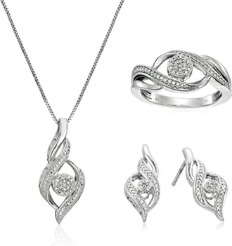 MAX + STONE 925 Sterling Silver Diamond Pendant Necklace Drop Earrings & Ring Jewelry Set