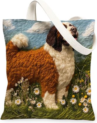 Generic Spring St. Bernard Dog Canvas Tote Bag for Shopping 13x15, Knitting Style Garden Puppy Reusable Grocery Print Pattern Bag for Women, Fun Pet Beach Aes