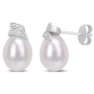 Amour 6.5-7mm Freshwater Cultured Pearl and Diamond Accent Swirl Stud Earrings In Sterling Silver
