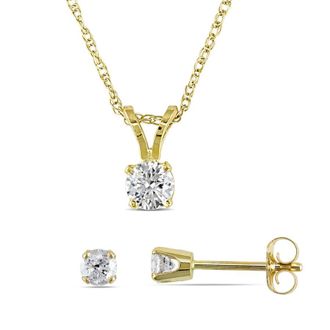 Amour 1/2 CT TW Diamond Solitaire Pendant with Chain and Stud Earrings 2-piece Set In 14K Yellow Gold
