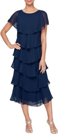 S.L. Fashions Tiered Chiffon Midi Dress in Navy at Nordstrom, Size 6