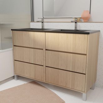 Aurlane Mueble De Ba&ntilde;o 120 Cm 6 Cajones Roble Claro + Lavabo Doble Cer&aacute;mica Negra