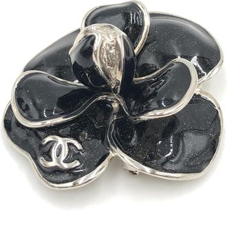 Chanel Black Enamel Flower Brooch With Womens Silver-Tone (Pre-Owned)