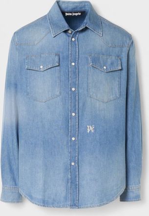 Palm Angels Mens Pa Monogram Denim Shirt Light Blue - Size Small