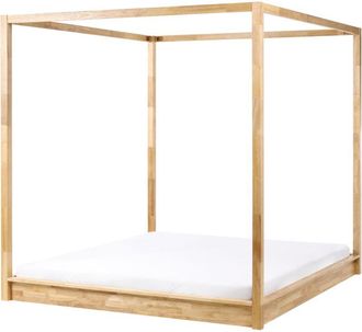 Beliani Canopy Bed Light Brown Wooden EU Super King Size 6ft Minimalist Design HERLIERE