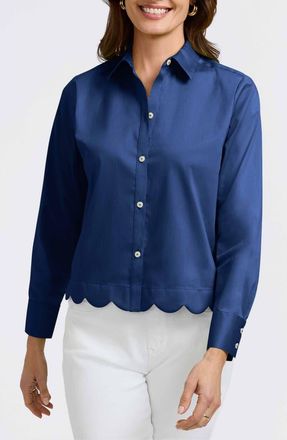 Foxcroft Scarlett Scallop Hem Button-Up Shirt in Navy at Nordstrom, Size X-Large