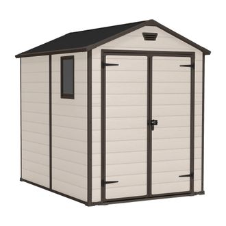 Keter Manor 6x8 - Caseta De Jard&iacute;n 185,80x227x236,80 Cm 2 Puertas Para Almacenamiento De Herramientas Acabado Efecto Madera Rayada En Resina Beige