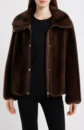 Via Spiga Faux Fur Bomber in Chocolate at Nordstrom, Size Xx-Large