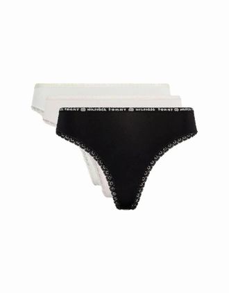 Tommy Hilfiger Womens 3-Pack Lace Trim Microfibre Thongs, Black/Ivory/Pink - Size: 12