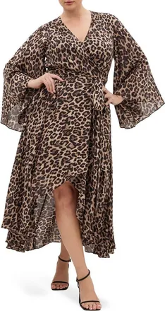 City Chic Eva Long Sleeve Wrap Maxi Dress in Leopard at Nordstrom, Size 10W