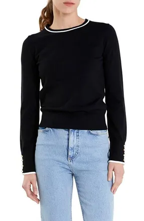 English Factory Button Detail Tipped Sweater in Black/White at Nordstrom, Size Large