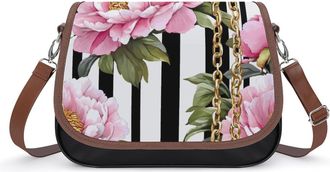 Generic Peony Flowers Gold Chains Stripe Crossbody Bag Womens Handbag PU Message Bags Shoulder Purse with Adjustable Strap