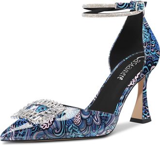 Castamere Women High Chunky Block Heel Ankle Strap Diamond Crystal Pointed Toe Pumps Court Shoe 8.5 CM Heels Blue Multicolor 7.5 UK