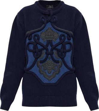 Etro Wol trui met borduursel - Dames - Ronde hals truien - Blauw - XS - Wol - Truien & Vesten
