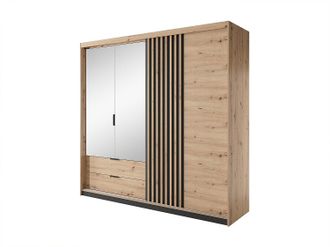 Vente-Unique Armario 3 puertas y 2 cajones - Espejo y LEDs - Ancho 220 cm - Color: natural y negro - ARIADA