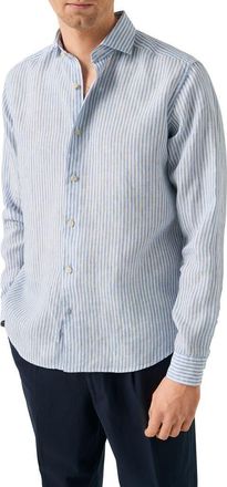 Eton Regular Fit Bengal Stripe Linen Dress Shirt in Light Blue at Nordstrom, Size Xx-Large
