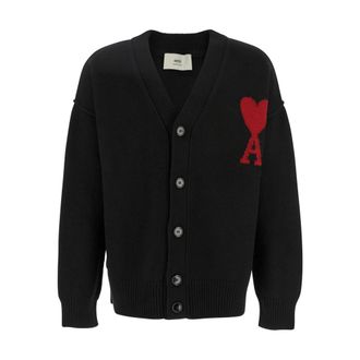 Ami Truien & Vesten, Heren, Zwart, M, Wol, V-hals Logo Cardigan Trui