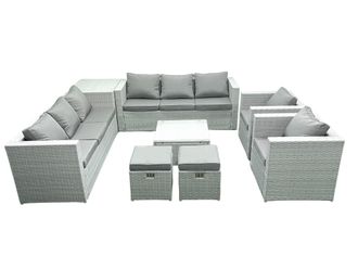 Fimous Outdoor Rattan Sofa Garden Furniture Set with 2 Armchairs Square Coffee Table 2 Small Footstools Side Table Light Grey Mixed