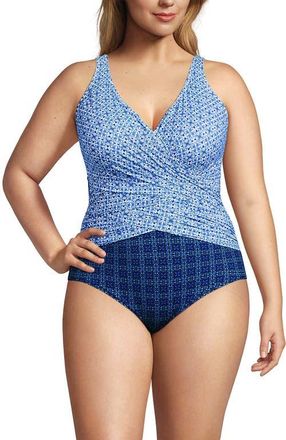 Lands End SlenderSuit Wrap One Piece Swimsuit in Navy/white Mosaic Mini Tile at Nordstrom, Size 24W