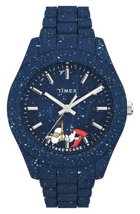 Timex Waterbury Ocean x Peanuts Recycled Plastic Bracelet Watch, 42mm in Dark Blue/Dark Blue at Nordstrom