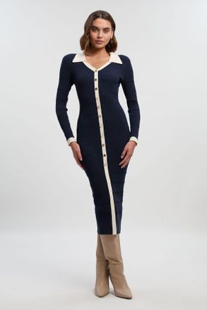 Karen Millen Womens Viscose Rib Stitch Detail Contrast Colour Button Knit Midi Dress - Navy - Size X-Small