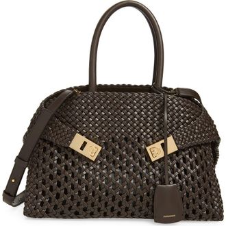 Ferragamo Small Hug Woven Leather Top Handle Bag in Testa Di Moro at Nordstrom