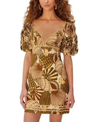 Farm Rio Linen-Blend Shell Mix Sand Mini Dress