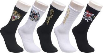 Ed Hardy Tattoo Inspired Print Half Cushion Crew Sock 5-Pack in Black White at Nordstrom