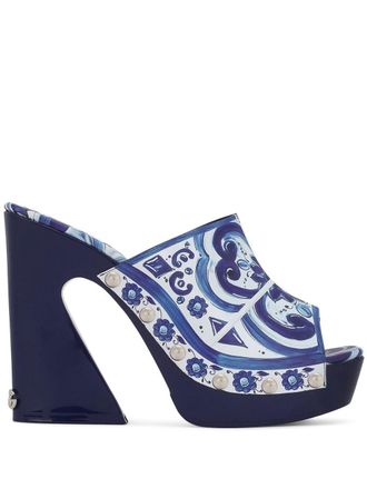 Dolce & Gabbana Majolica-print platform clogs - women - Goat Skin/Calf Leather/Rubber - 39.5 - Blue