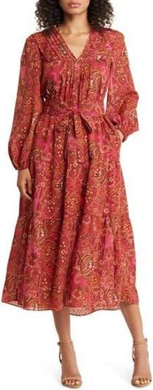 Julia Jordan Paisley Long Sleeve Belted Midi Dress in Red Multi at Nordstrom Rack, Size 14