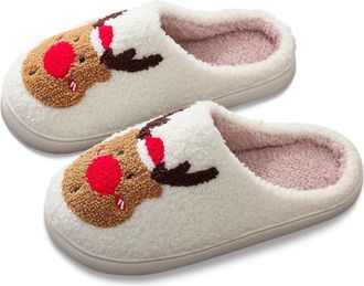 Generic Christmas Slippers for Women Holiday Reindeer Graphic Print Home Flat Shoes Couples House Slippers Comfortable Warm Indoor Use Festive Cozy Winter Hou