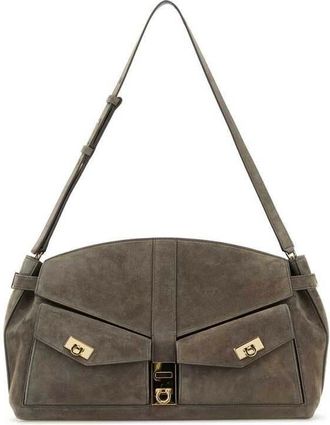Ferragamo Grey Suede Shoulder Bag Concrete