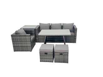 Fimous Rattan Dining Table Sofa Set with Side Table Small Footstool Outdoor in Dark Grey