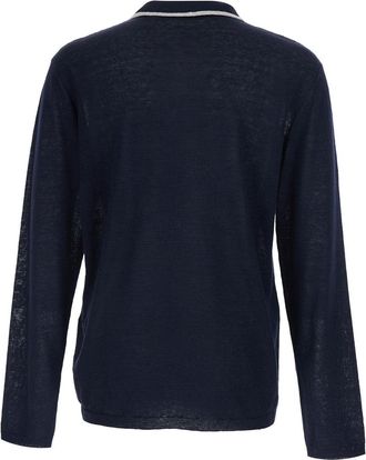 Giorgio Armani Mens Sweater With Contrasting Collar, Blue Linen-Silk Tops Top