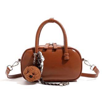 Generic Cymwer Women PU Leather Bowling Shoulder Bag with Zipper for School Work Travel (Brown) (Light Brown)