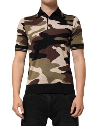 Dolce & Gabbana Mens Camouflage Brown Silk Militarypolo T-Shirt