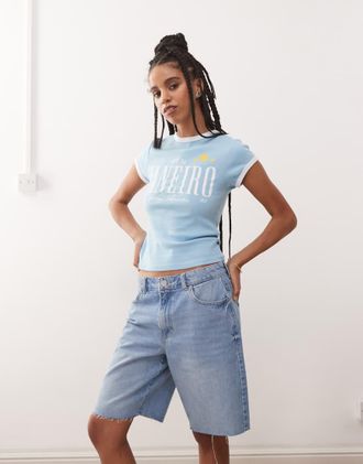 Noisy May high rise baggy denim shorts in light wash blue