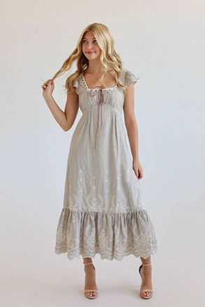 Olivaceous Elena Eyelet Midi Dress In Beige