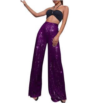 Generic Sequin Wide Leg Pant for Women,Spring Sparkly Glitter High Waist Wide Leg Palazzo Pant Party Club Trouser Bling Legging Flared Straight Leg Ladies Loo