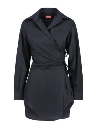 Diesel Asymmetric Wrap Blue Midi Shirt Dress With Tone-On-Tone Embroidery