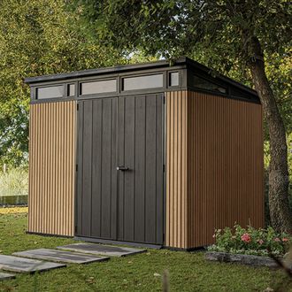 Dmora Caseta De Jard&iacute;n Newberry, Cerrable, Acabado En Resina, Con Ventanas, Techo A Una Aguas, 277x218x226h Cm Marr&oacute;n Nogal