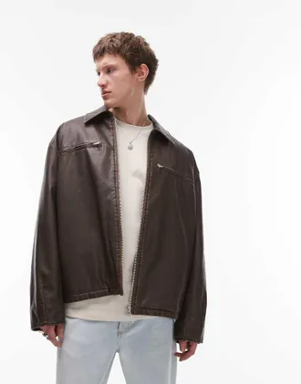 Topman faux leather jacket in brown