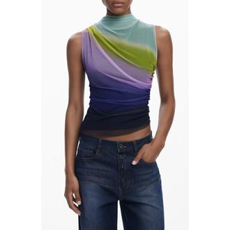 Desigual Ruched Sleeveless Mock Neck Top in Purple at Nordstrom, Size X-Large