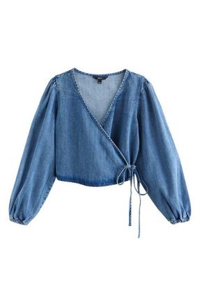 Next Denim Wrap Top in Mid Blue Denim at Nordstrom, Size 8 Us