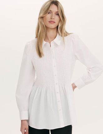 Finery Melissa Shirred Cotton Shirt in White at Nordstrom, Size 14